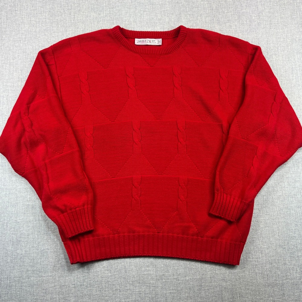 Vintage 90s Jantzen Red Cotton Cable Knit Sweater Mens M Geometric Made in USA